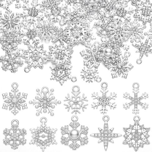 Hollowfly 80 Pcs 10 Style Winter Snowflake Charms Valentines Charms for Jewelry Making Snowflake Pendant Silver Metal Rhinestone Snow Pins Assorted Alloy Cubic DIY Bracelet Necklace Earrings Craft in Saudi Arabia