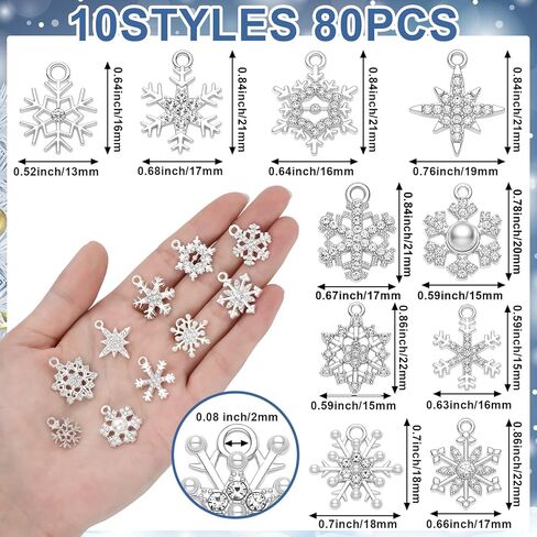 Hollowfly 80 Pcs 10 Style Winter Snowflake Charms Valentines Charms for Jewelry Making Snowflake Pendant Silver Metal Rhinestone Snow Pins Assorted Alloy Cubic DIY Bracelet Necklace Earrings Craft in Saudi Arabia