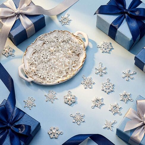 Hollowfly 80 Pcs 10 Style Winter Snowflake Charms Valentines Charms for Jewelry Making Snowflake Pendant Silver Metal Rhinestone Snow Pins Assorted Alloy Cubic DIY Bracelet Necklace Earrings Craft in Saudi Arabia