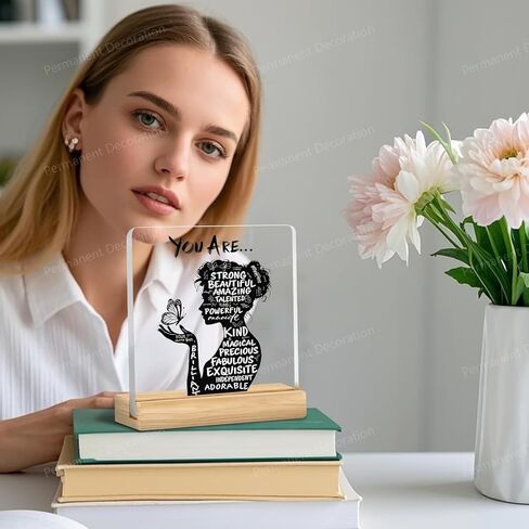 Inspirational Acrylic Desktop Decor - Positive Affirmation Quotes Decorations, High-Transparency Acrylic & Wooden Stand, 3.9x3.9 Inch, Motivational Gift for Women/Office/Home Decor in Saudi Arabia