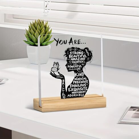 Inspirational Acrylic Desktop Decor - Positive Affirmation Quotes Decorations, High-Transparency Acrylic & Wooden Stand, 3.9x3.9 Inch, Motivational Gift for Women/Office/Home Decor in Saudi Arabia
