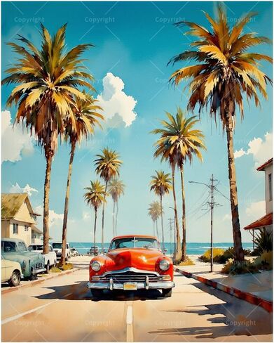 Coastal Street Paint by Numbers Kit for Adults - DIY Red Vintage Car with Palm Trees Painting on Canvas 16x20In, Acrylic Paint Set, Suitable for Beginners, Art for Home Decoration or Gifts in Kuwait