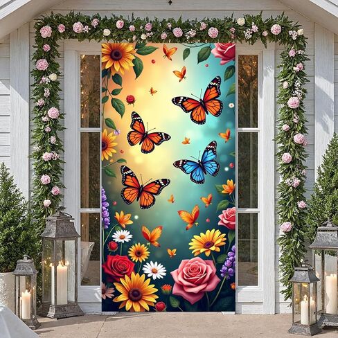 Welcome Butterfly Door Cover Welcome Spring Door Decorations Banner Flower Butterfly Banner Sign Photo Background for Spring and Summer Holiday Party Decor Indoor Outdoor Supplies in Saudi Arabia