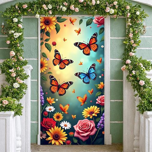 Welcome Butterfly Door Cover Welcome Spring Door Decorations Banner Flower Butterfly Banner Sign Photo Background for Spring and Summer Holiday Party Decor Indoor Outdoor Supplies in Saudi Arabia