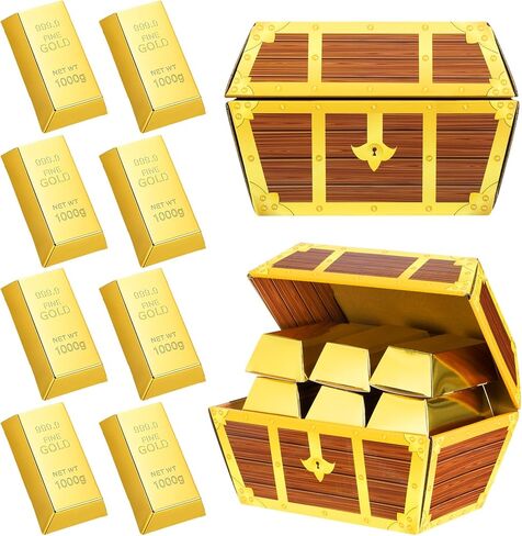 Honoson 13 Pcs Pirate Party Favor Boxes, 12 Foil Fake Gold Bars and 1 Pirate Chest Cardboard Box for Gold Party Decorations Casino Theme Parties Supplies Prizes Gift Box in Saudi Arabia