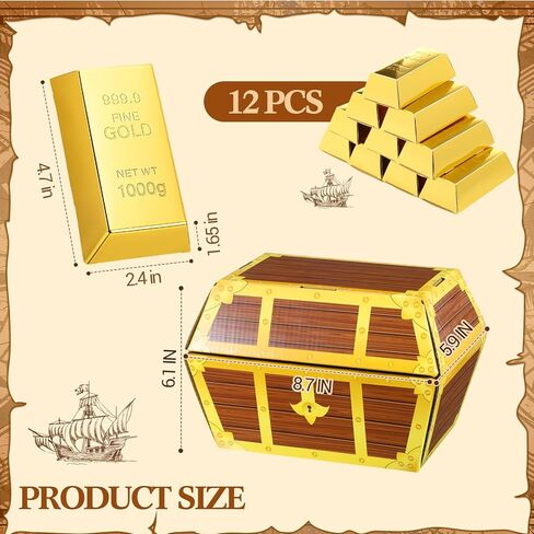 Honoson 13 Pcs Pirate Party Favor Boxes, 12 Foil Fake Gold Bars and 1 Pirate Chest Cardboard Box for Gold Party Decorations Casino Theme Parties Supplies Prizes Gift Box in Saudi Arabia