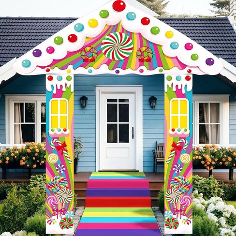 Namalu Candy House Door Banner Party Decorations 3 Candy Porch Banners with 30 Colorful PVC Candies Path Floor Stickers for Indoor Outdoor Holiday Scene Setup Sweet Birthday Theme Entryway Decor in Saudi Arabia