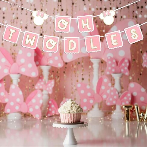 Oh Twodles Birthday Banner - Mouse 2nd Birthday Banner, Oh Twodles Happy 2nd Birthday Party Decorations Supplies Garland (Pink) in Kuwait