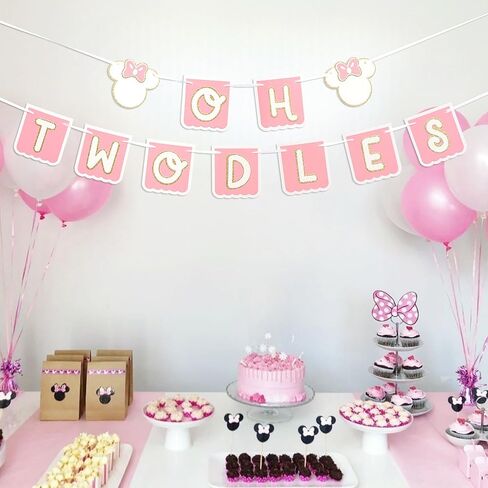 Oh Twodles Birthday Banner - Mouse 2nd Birthday Banner, Oh Twodles Happy 2nd Birthday Party Decorations Supplies Garland (Pink) in Kuwait