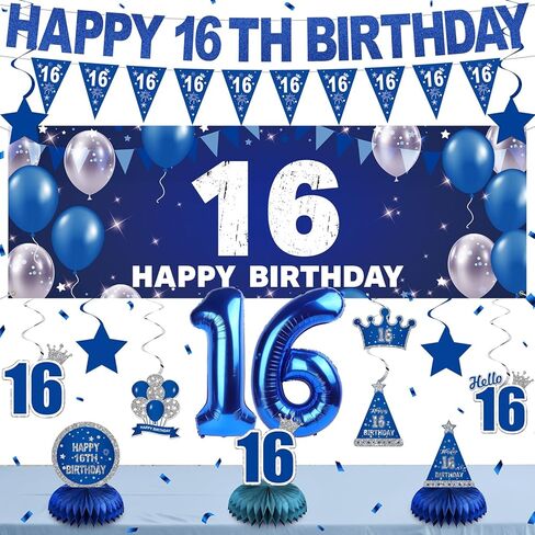 زينة عيد الميلاد الثالث عشر مسبقًا للأولاد والبنات - لافتة عيد ميلاد رسمية للمراهق السعيد الثالث عشر، عدد بالونات معلقة دوامات قطع مركزية على شكل قرص العسل، ديكور خلفية صورة للحفلات الزرقاء HTDZZI in Kuwait