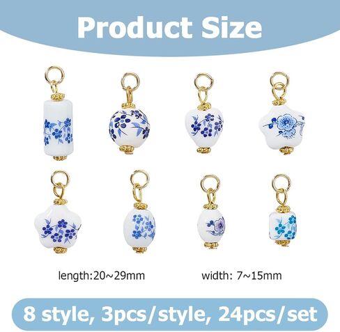 24Pcs Ceramic Blue Flower Charms 8 Style Floral Porcelain Pendants Handmade Ceramic Charms with Iron Findings for Jewelry Making DIY Crafts Vintage Beads in Saudi Arabia