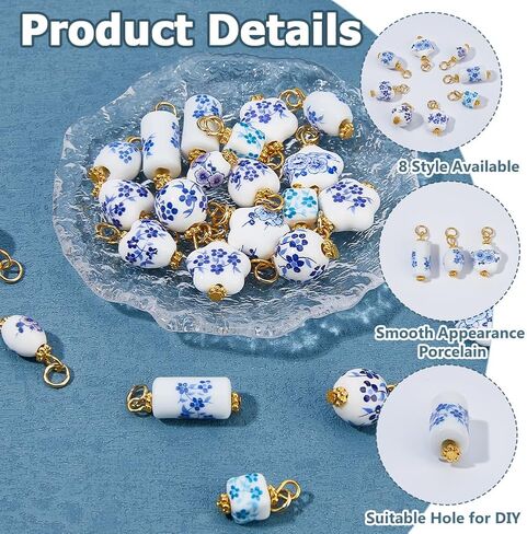 24Pcs Ceramic Blue Flower Charms 8 Style Floral Porcelain Pendants Handmade Ceramic Charms with Iron Findings for Jewelry Making DIY Crafts Vintage Beads in Saudi Arabia