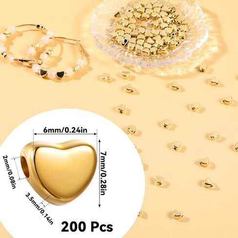 200 Pcs Heart Spacer Beads Small Hole Spacer Beads Love Charms Plastic Loose Bead Art Accessories for Making Bracelets Necklaces Earrings Jewelry Making DIY Handmade Crafts (Gold) in Saudi Arabia