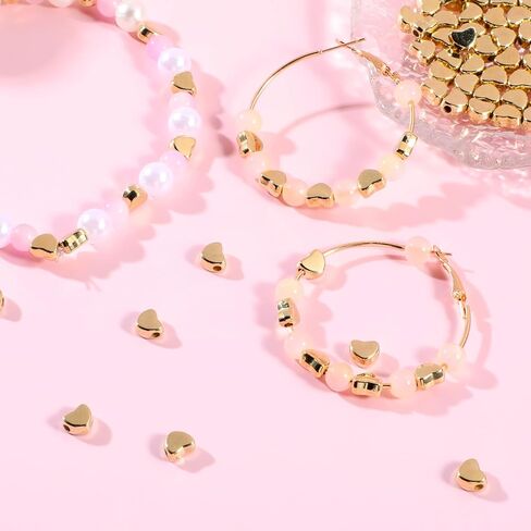 200 Pcs Heart Spacer Beads Small Hole Spacer Beads Love Charms Plastic Loose Bead Art Accessories for Making Bracelets Necklaces Earrings Jewelry Making DIY Handmade Crafts (Gold) in Saudi Arabia
