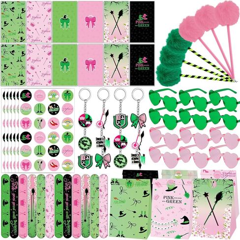 84pcs Pink and Green Witch Party Favors Birthday Decorations Pens Notepads Sunglasses Paper Gift Bag Key Chains Slap Bracelet Sticker Halloween Themed Party Supplies for Kids Student Gift School Party in Saudi Arabia