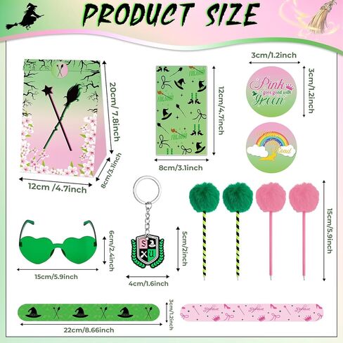 84pcs Pink and Green Witch Party Favors Birthday Decorations Pens Notepads Sunglasses Paper Gift Bag Key Chains Slap Bracelet Sticker Halloween Themed Party Supplies for Kids Student Gift School Party in Saudi Arabia