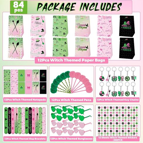 84pcs Pink and Green Witch Party Favors Birthday Decorations Pens Notepads Sunglasses Paper Gift Bag Key Chains Slap Bracelet Sticker Halloween Themed Party Supplies for Kids Student Gift School Party in Saudi Arabia
