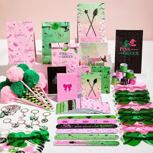 84pcs Pink and Green Witch Party Favors Birthday Decorations Pens Notepads Sunglasses Paper Gift Bag Key Chains Slap Bracelet Sticker Halloween Themed Party Supplies for Kids Student Gift School Party in Saudi Arabia