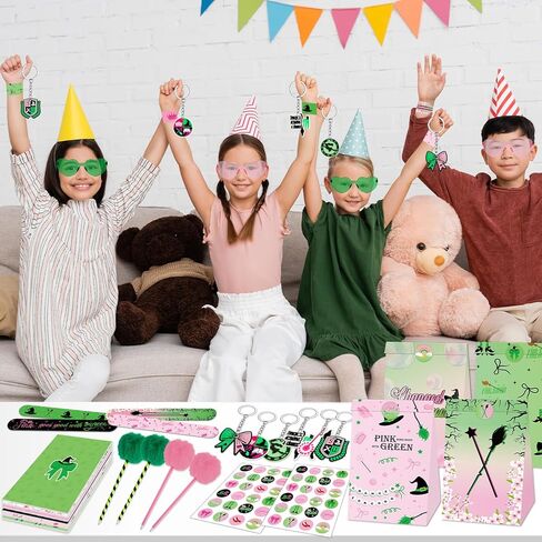 84pcs Pink and Green Witch Party Favors Birthday Decorations Pens Notepads Sunglasses Paper Gift Bag Key Chains Slap Bracelet Sticker Halloween Themed Party Supplies for Kids Student Gift School Party in Saudi Arabia