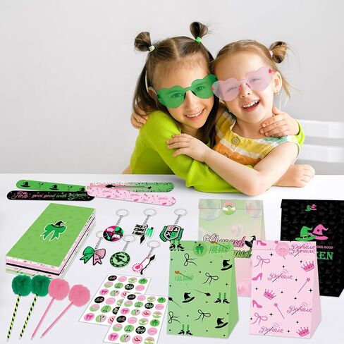84pcs Pink and Green Witch Party Favors Birthday Decorations Pens Notepads Sunglasses Paper Gift Bag Key Chains Slap Bracelet Sticker Halloween Themed Party Supplies for Kids Student Gift School Party in Saudi Arabia