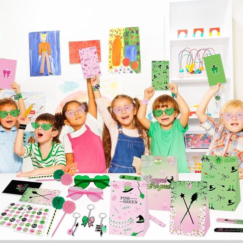 84pcs Pink and Green Witch Party Favors Birthday Decorations Pens Notepads Sunglasses Paper Gift Bag Key Chains Slap Bracelet Sticker Halloween Themed Party Supplies for Kids Student Gift School Party in Saudi Arabia