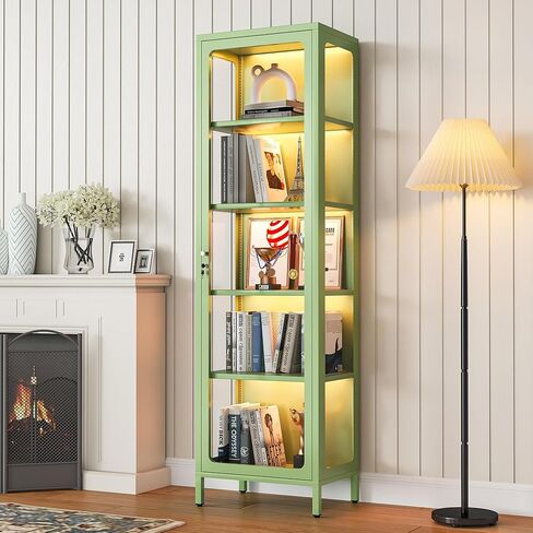 69" Glass Display Cabinet with Lock & 13-Color LED Lights, 5-Tier Locking Metal Cabinet with Adjustable Shelves, Secure Showcase for Collectibles, Action Figures, Trophies (Green) in Saudi Arabia