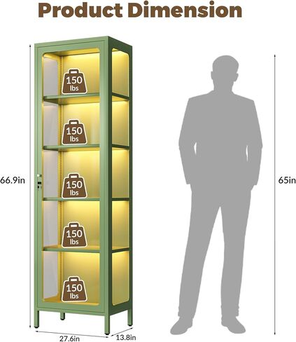 69" Glass Display Cabinet with Lock & 13-Color LED Lights, 5-Tier Locking Metal Cabinet with Adjustable Shelves, Secure Showcase for Collectibles, Action Figures, Trophies (Green) in Saudi Arabia