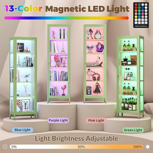 69" Glass Display Cabinet with Lock & 13-Color LED Lights, 5-Tier Locking Metal Cabinet with Adjustable Shelves, Secure Showcase for Collectibles, Action Figures, Trophies (Green) in Saudi Arabia