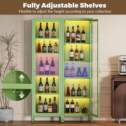 69" Glass Display Cabinet with Lock & 13-Color LED Lights, 5-Tier Locking Metal Cabinet with Adjustable Shelves, Secure Showcase for Collectibles, Action Figures, Trophies (Green) in Saudi Arabia
