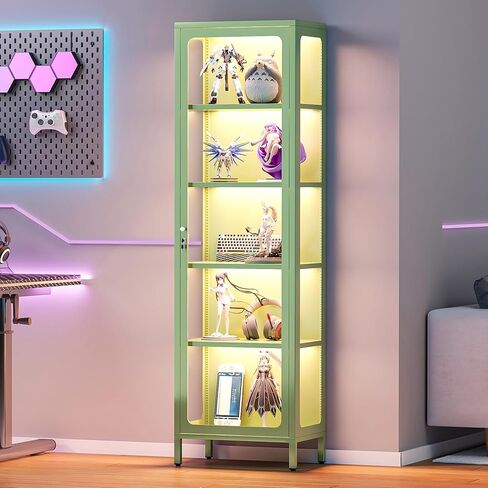 69" Glass Display Cabinet with Lock & 13-Color LED Lights, 5-Tier Locking Metal Cabinet with Adjustable Shelves, Secure Showcase for Collectibles, Action Figures, Trophies (Green) in Saudi Arabia