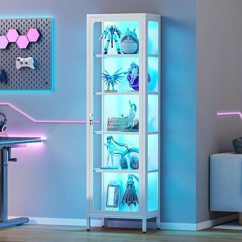 69" Glass Display Cabinet with Lock & 13-Color LED Lights, 5-Tier Locking Metal Cabinet with Adjustable Shelves, Secure Showcase for Collectibles, Action Figures, Trophies (Green) in Saudi Arabia