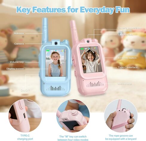 Video Walkie Talkies for Kids, Rechargeable Walkie Talkies for Kids, Long-Distance Transmission, Indoor and Outdoor Real-Time Video and Call, Gift for Boys and Girls Aged 3-12 (Blue and Pink) in Saudi Arabia