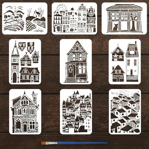 FINGERINSPIRE 9PCS Town and Village Architecture Stencils with 1Pc Brush 8.3x11.7inch/21x29.7cm City Buildings Pattern Stencils City Country Scene Template for DIY Crafts Furniture Wall Decoration in Saudi Arabia