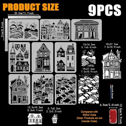 FINGERINSPIRE 9PCS Town and Village Architecture Stencils with 1Pc Brush 8.3x11.7inch/21x29.7cm City Buildings Pattern Stencils City Country Scene Template for DIY Crafts Furniture Wall Decoration in Saudi Arabia
