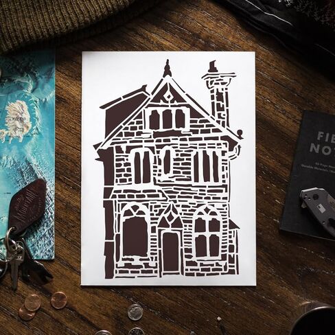 FINGERINSPIRE 9PCS Town and Village Architecture Stencils with 1Pc Brush 8.3x11.7inch/21x29.7cm City Buildings Pattern Stencils City Country Scene Template for DIY Crafts Furniture Wall Decoration in Saudi Arabia