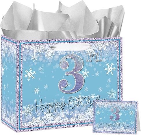 Large Snowflake 3rd Birthday Gift Bag, Blue Three Years Old Gift Bag with Card and Tissue Paper, Third Birthday Party Decorations for Girls, Winter Theme Party Favors, Celebrations Supplies in Saudi Arabia