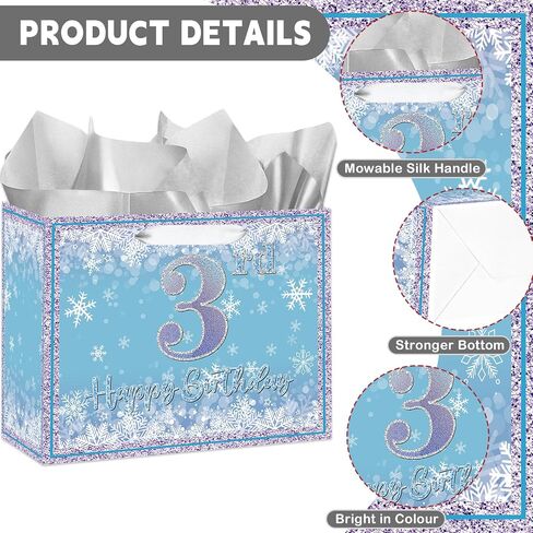 Large Snowflake 3rd Birthday Gift Bag, Blue Three Years Old Gift Bag with Card and Tissue Paper, Third Birthday Party Decorations for Girls, Winter Theme Party Favors, Celebrations Supplies in Saudi Arabia