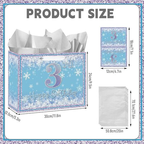 Large Snowflake 3rd Birthday Gift Bag, Blue Three Years Old Gift Bag with Card and Tissue Paper, Third Birthday Party Decorations for Girls, Winter Theme Party Favors, Celebrations Supplies in Saudi Arabia