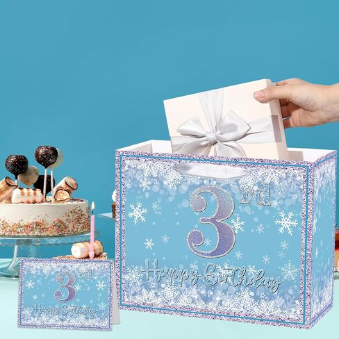 Large Snowflake 3rd Birthday Gift Bag, Blue Three Years Old Gift Bag with Card and Tissue Paper, Third Birthday Party Decorations for Girls, Winter Theme Party Favors, Celebrations Supplies in Saudi Arabia