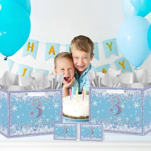 Large Snowflake 3rd Birthday Gift Bag, Blue Three Years Old Gift Bag with Card and Tissue Paper, Third Birthday Party Decorations for Girls, Winter Theme Party Favors, Celebrations Supplies in Saudi Arabia