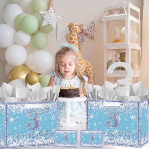 Large Snowflake 3rd Birthday Gift Bag, Blue Three Years Old Gift Bag with Card and Tissue Paper, Third Birthday Party Decorations for Girls, Winter Theme Party Favors, Celebrations Supplies in Saudi Arabia