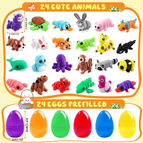 24pcs Prefilled Easter Eggs 3D Printed Animals for Kids, Easter Plastic Egg Basket Stuffers Hunt Gifts for Boys Girls Easter Prizes Goodie Bag Classroom Birthday Party Favor in Saudi Arabia