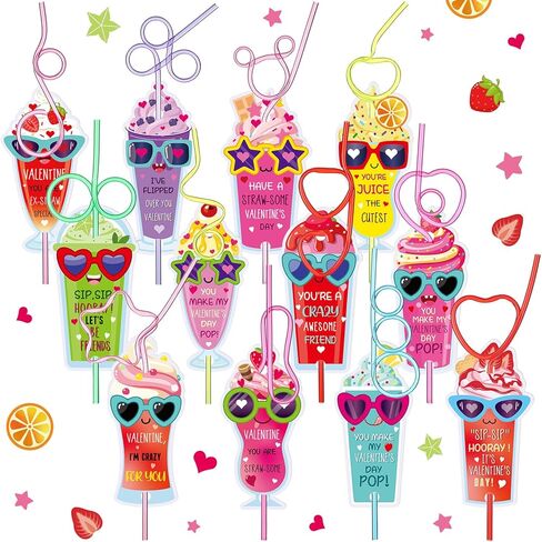 48 Pcs Valentines Day Gift Cards with Colorful Loop Drinking Straws Reusable Crazy Straws for Valentines Exchange Party Supplies(Aluminum Can) in Saudi Arabia
