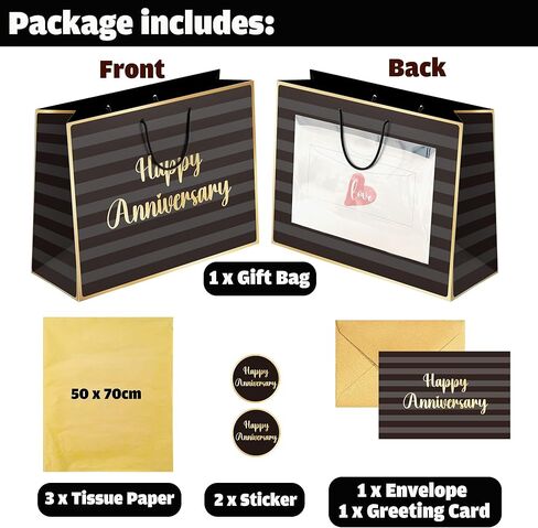 Sumerk 13" Large Anniversary Paper Bag with Tissue Papers and Greeting Card, Envelope and Stickers - Special Anniversary Wrapping Bag with Clear Window and Card Holder in Saudi Arabia