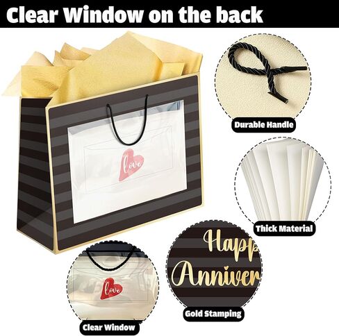 Sumerk 13" Large Anniversary Paper Bag with Tissue Papers and Greeting Card, Envelope and Stickers - Special Anniversary Wrapping Bag with Clear Window and Card Holder in Saudi Arabia
