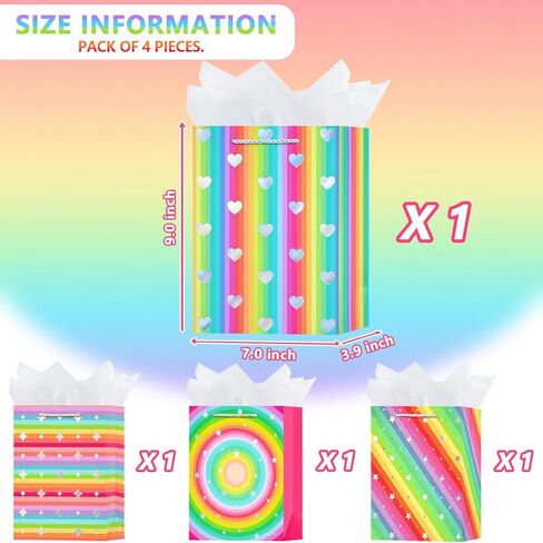 OFIHANLY 4 Pack 9" Small Size Happy Valentine's Day Gift Bags with Handles for Kids Class Colorful Paper Gift Wrap Bags for Classroom with Tissue Paper for School in Kuwait