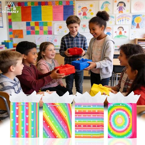 OFIHANLY 4 Pack 9" Small Size Happy Valentine's Day Gift Bags with Handles for Kids Class Colorful Paper Gift Wrap Bags for Classroom with Tissue Paper for School in Kuwait