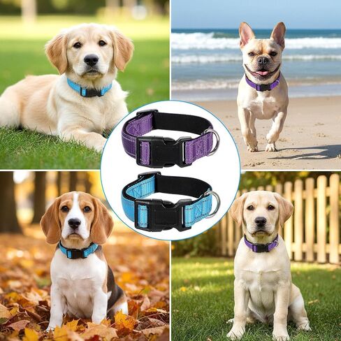 2 Pcs Reflective Dog Collar Adjustable Soft Neoprene Padded Nylon Pet Collar Breathable Quick Release Basic Dog Collars for Large Medium Dogs Male Female (Purple+Blue) in Saudi Arabia
