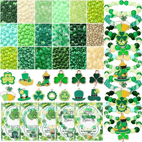 Chunful 728 Pcs DIY St. Patrick's Day Beads for Bracelet Necklace Gift Jewelry Making Kit Lucky Shamrock Clover Green Acrylic Bead Gold Enamel Hat Beer Charm with Greeting Cards for Friend Irish Party in Saudi Arabia