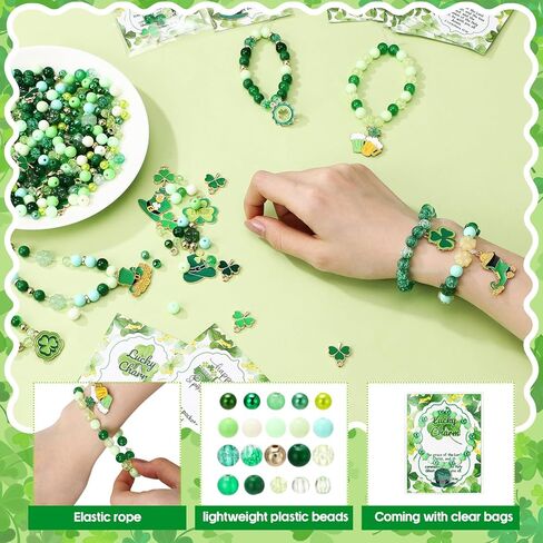 Chunful 728 Pcs DIY St. Patrick's Day Beads for Bracelet Necklace Gift Jewelry Making Kit Lucky Shamrock Clover Green Acrylic Bead Gold Enamel Hat Beer Charm with Greeting Cards for Friend Irish Party in Saudi Arabia